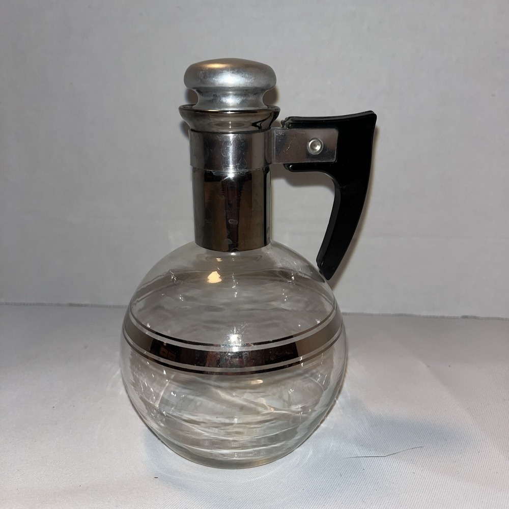 Vintage 1950s Mid Century Small Clear Glass Silver Black Carafe with Cork Lid